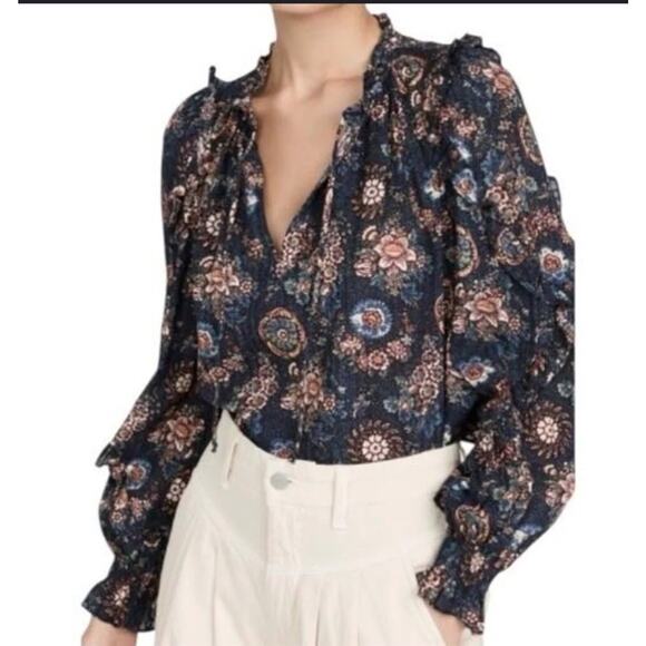 ULLA JOHNSON Manet Ruffled Floral Print Cotton Voile Blouse Size 8 Blue Brown - Picture 1 of 8